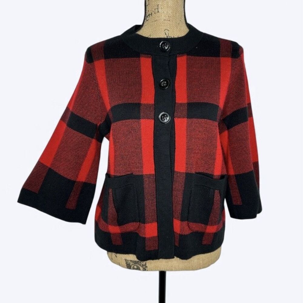 Designers Originals Buffalo Plaid Cardigan Petite M Holiday Party Preppy Vtg 90s